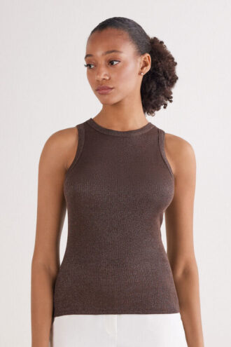 Bawełniana koszulka bez rękawów z prążkowanej dzianiny lamé