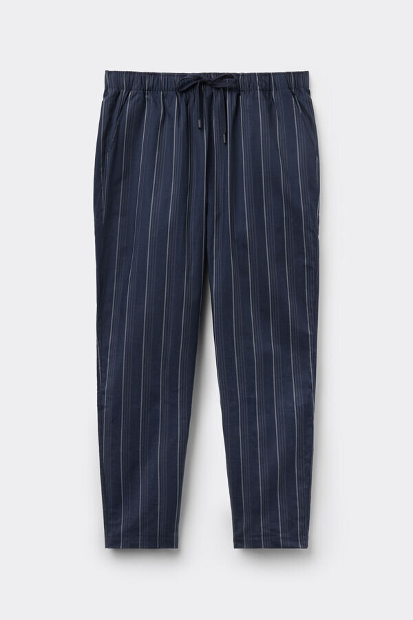 Białe spodnie z niebieskim wzorem w paski, wykonane z bawełny Białe spodnie z niebieskim wzorem w paski, wykonane z bawełny