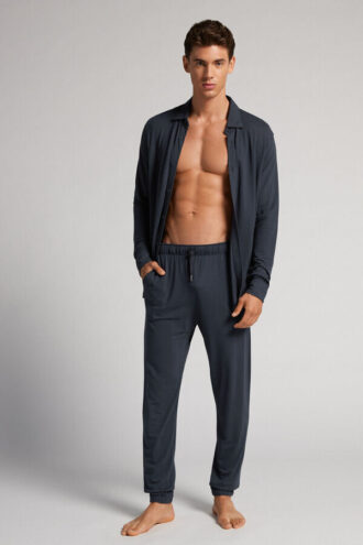 Długie spodnie z modalu i jedwabiu piqué