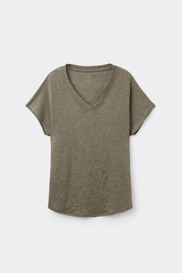Koszulka z krótkim rękawem i dekoltem w serek z czystego lnu Koszulka z krótkim rękawem i dekoltem w serek z czystego lnu