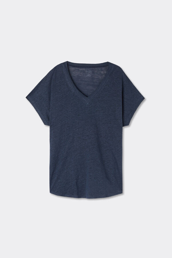 Koszulka z krótkim rękawem i dekoltem w serek z czystego lnu Koszulka z krótkim rękawem i dekoltem w serek z czystego lnu