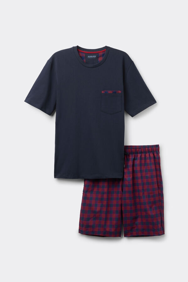 Krótka piżama z bawełny w czerwono-niebieską kratę Krótka piżama z bawełny w czerwono-niebieską kratę