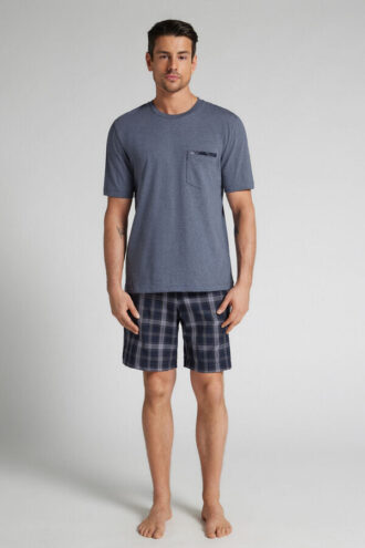 Krótka piżama z dżinsowej tkaniny w kratkę i bawełny