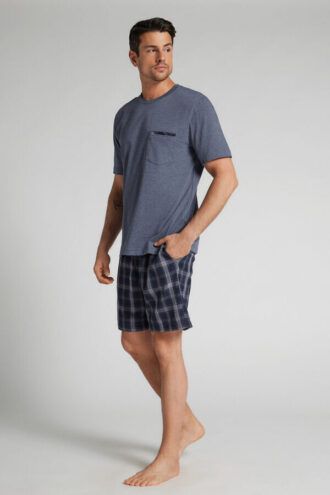 Krótka piżama z dżinsowej tkaniny w kratkę i bawełny