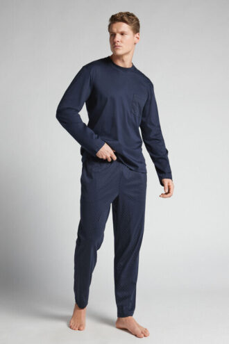 Piżama z długimi nogawkami z merceryzowanej bawełny premium w kropki