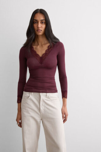 Ultralekka koszula z długim rękawem z kaszmiru i koronką